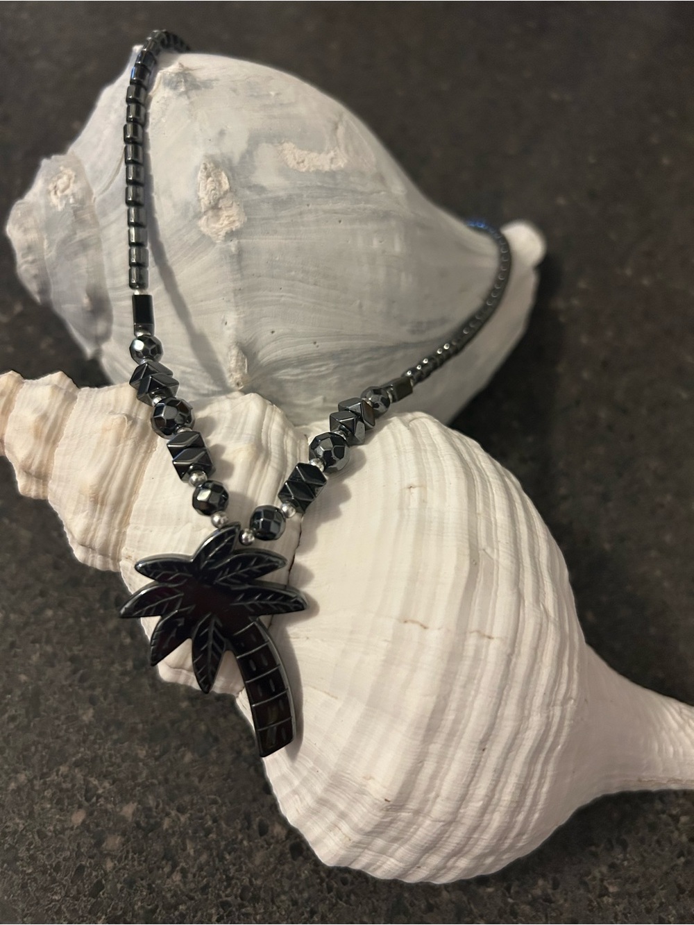 Black Gunmetal Hematite Palm Tree Pendant Necklace - Women Jewelry